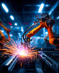 A dynamic scene showcases a robotic arm welding in a high-tech environment, emitting vibrant sparks, symbolizing the future of manufacturing and automation in the industry.