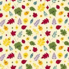 Seamless vector pattern of autumn leaves from different trees with cute cartoon eyes and funny faces. Includes oak, maple, birch, chestnut and ash leaves. Flat kawaii style, bright colors, isolated on