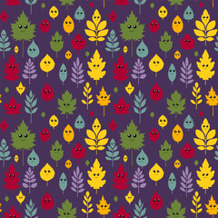Seamless vector pattern of autumn leaves from different trees with cute cartoon eyes and funny faces. Includes oak, maple, birch, chestnut and ash leaves. Flat kawaii style, bright colors, isolated on