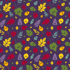 Seamless vector pattern of autumn leaves from different trees with cute cartoon eyes and funny faces. Includes oak, maple, birch, chestnut and ash leaves. Flat kawaii style, bright colors, isolated on