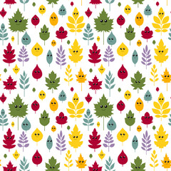 Seamless vector pattern of autumn leaves from different trees with cute cartoon eyes and funny faces. Includes oak, maple, birch, chestnut and ash leaves. Flat kawaii style, bright colors, isolated on