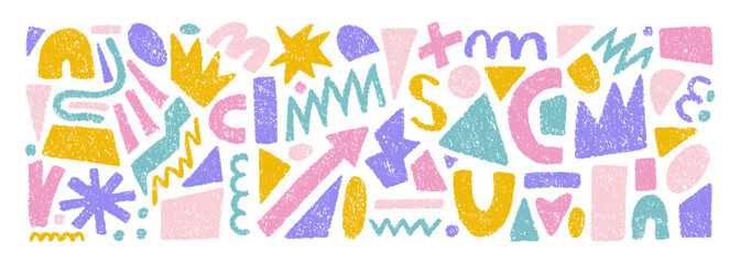 Hand drawn set of colorful crayon abstract shapes. Vector collection of contemporary texture figure in doodle style. Design elements perfect for banner, decor, print, stickers