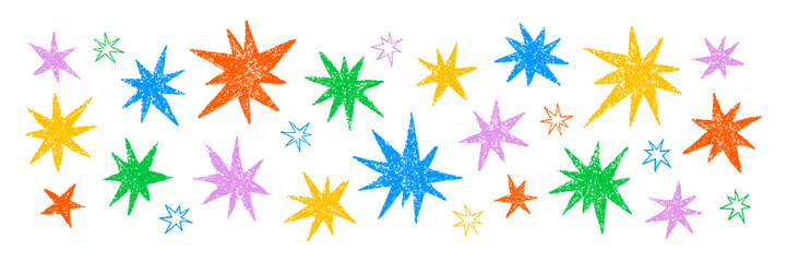 Crayon hand drawn doodle colorful stars set. Childish pencil drawing cosmic sparks and sparkles. Vector texture illustration