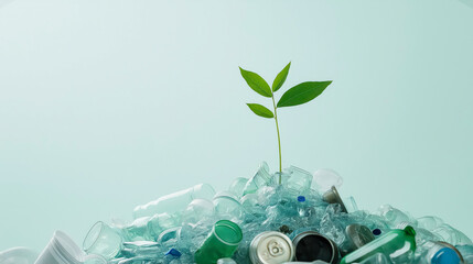 Plant sprouting from a pile of plastic and glass waste