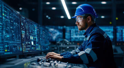 A focused worker monitors complex data on multiple screens, showcasing modern technology in an industrial setting.