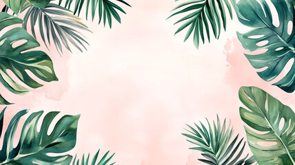 Tropical green palm and monstera leaves framing soft pastel pink watercolor background for summer nature botanical design and banner templates