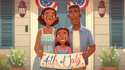 African family holding "4th of july" banner in front on their house, american independence day decor, stylized illustration