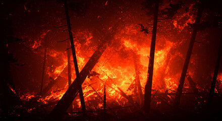 An intense abstract visualization of forest wildfires. Burning reds and jagged forms create a sense of destruction and heat.