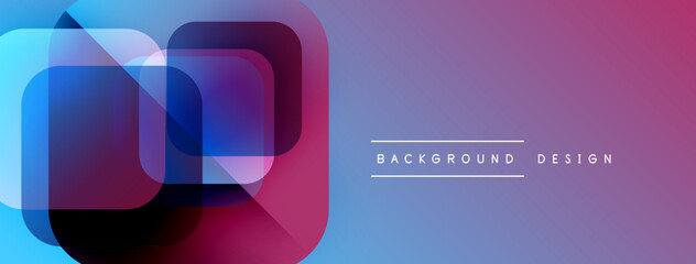Abstract geometric shapes overlap, creating vibrant color gradients. Purple, blue hues dominate design, with text indicating background element.