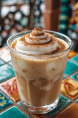 Iced Coffee Drink with Whipped Cream and Cinnamon in Glass