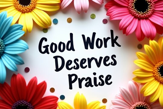 Good Work Deserves Praise: A Stunningly Handwritten Note Among Vibrant Flowers and Glittering Confetti