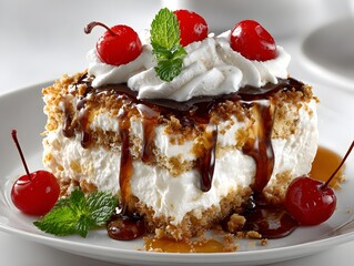 Delicious slice of icebox cake topped with whipped cream, chocolate syrup, cherries, and mint leaf garnish.