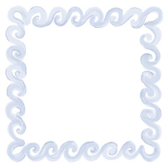 Watercolor square frame with blue wave border, ocean theme. Hand-painted isolated template for invitations, cards, posters, scrapbooking, packaging, textiles, beach house decor, nursery, kids' room