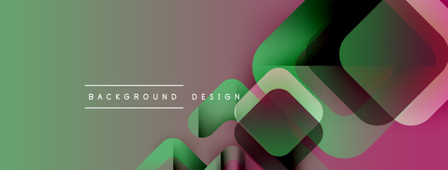 Abstract geometric shapes overlap, creating layered visual effect. Gradient colors blend from green to pink. Minimalist text reads background design.