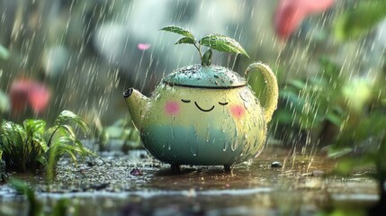 A small summer teapot with a smiling face, in the pouring rain. The feeling of joy from summer or spring rain, the renewal of nature