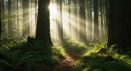 Obraz premium Ancient Forest Floor with Sunbeams and Misty Atmosphere