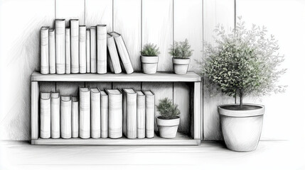 Sketch of bookshelf with books and potted plants