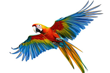 Fototapeta premium Vibrant tropical parrot with rainbow plumage soaring in mid-flight on transparent background in ultra high-resolution PNG perfect for seamless cutout designs.