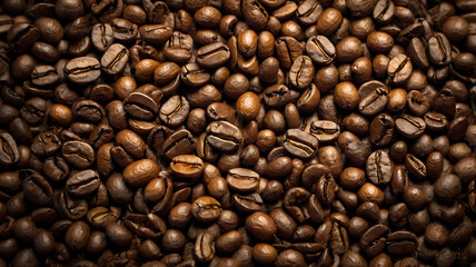 Fototapeta premium A cozy and aesthetic coffee-themed background, featuring scattered roasted coffee beans, subtle steam patterns, coffee stains, and textures like burlap or wood, in warm brown tones. 