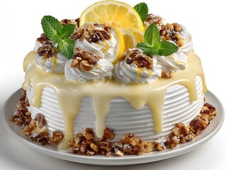 Delicious lemon cake with white frosting and nuts is displayed on a white plate ready to be served.