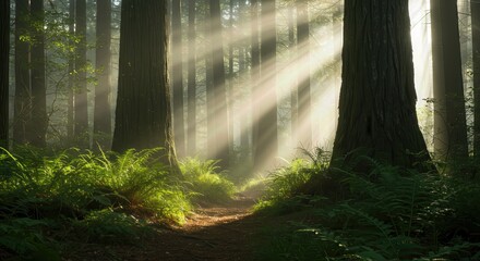 Obraz premium Ancient Forest Floor with Sunbeams and Misty Atmosphere
