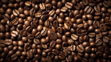 Fototapeta premium A cozy and aesthetic coffee-themed background, featuring scattered roasted coffee beans, subtle steam patterns, coffee stains, and textures like burlap or wood, in warm brown tones. 