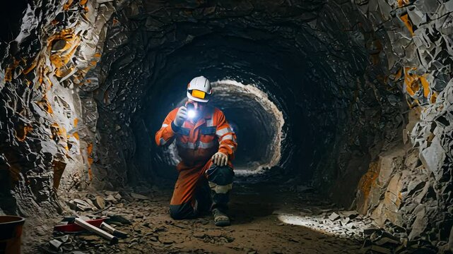 Man miner inspecting underground cave with headlamp. Mining worker exploring rough tunnel. Industrial geology extraction footage.