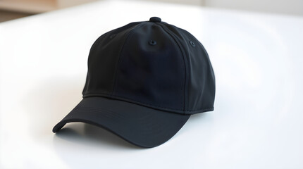 Black baseball cap resting on white surface, displaying its simple design