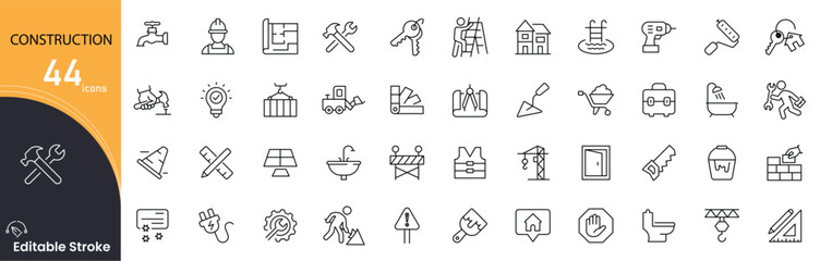 Construction related icon collections. Containing builder, cement, contractor, tool, safety, repair, architecture, equipment, truck, plan icons. Editable Stroke. 