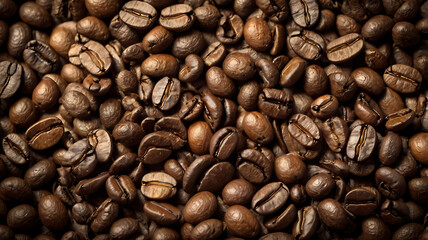 Fototapeta premium A cozy and aesthetic coffee-themed background, featuring scattered roasted coffee beans, subtle steam patterns, coffee stains, and textures like burlap or wood, in warm brown tones. 