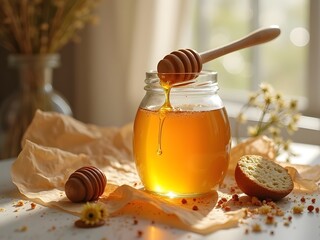 Golden Honey Flatlay with Dipper and Crumbs: Flatlay of golden honey in a glass jar with a wooden dipper, honey drizzle on crumbs and parchment paper, captured in soft morning light.