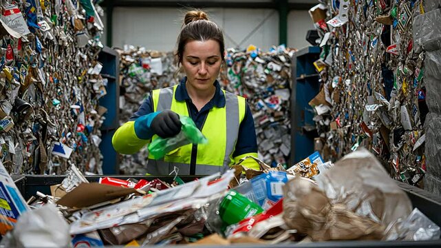 A woman stands sorting various waste materials on a conveyor belt at a recycling plant. Sustainable environment and industrial processing footage.