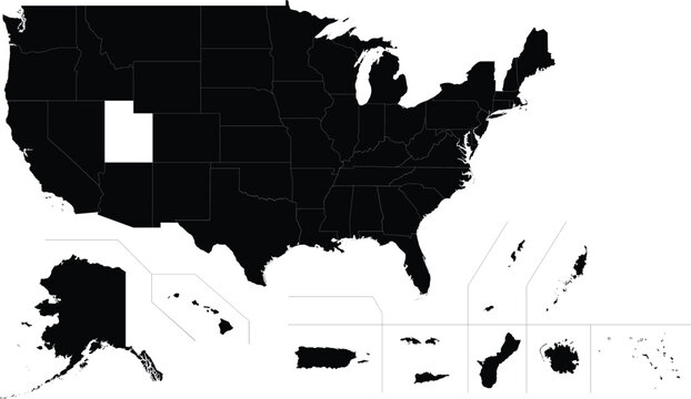 black silhouette map of usa including territories and associated states with borders on white background