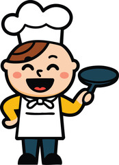 Smiling Cartoon Chef Holding Frying Pan - Vector Illustration