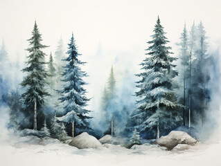 Obraz premium A watercolor painting depicting a serene fir tree forest with snow-dusted ground and misty, cloudy skies, evoking a peaceful winter landscape.