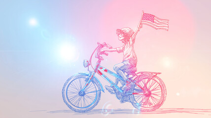 Soft-color gradient illustration of boy waving USA flags with joy