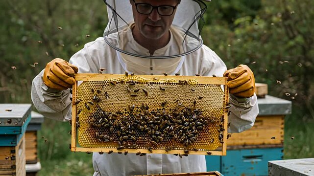 Male beekeeper inspecting a honeycomb frame with bees from a beehive. Organic honey production and sustainable agriculture lifestyle. Footage.
