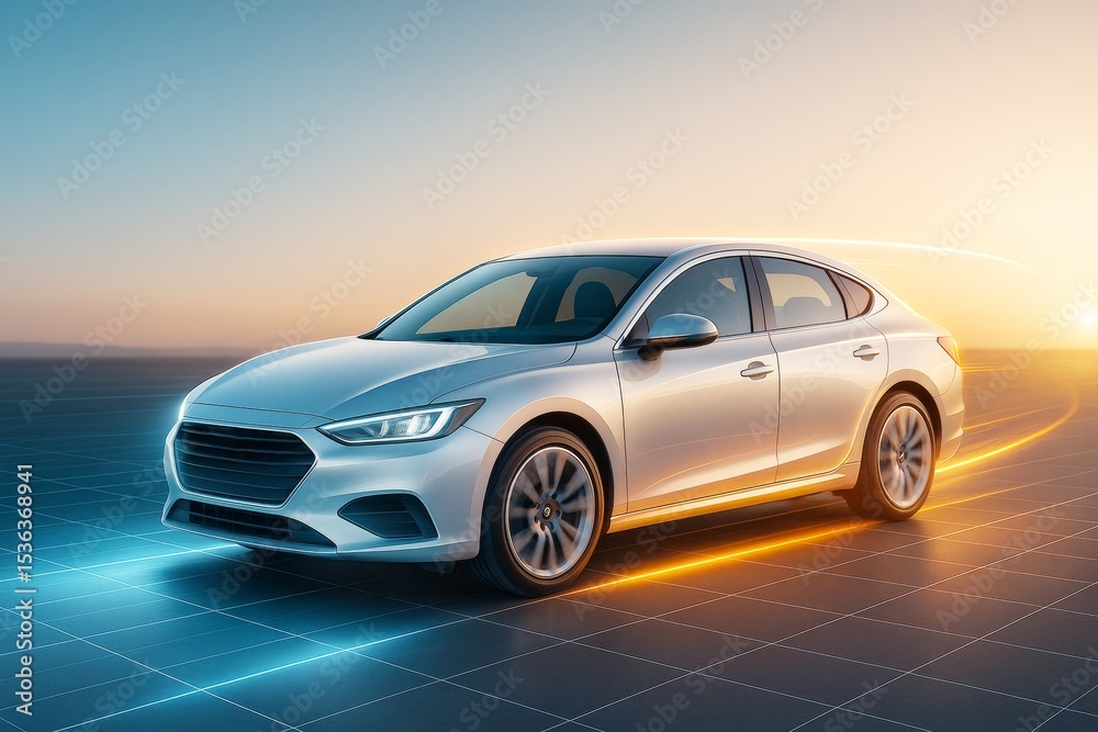 Poster Futuristic silver sedan car in motion on glowing digital highway with abstract background and dynamic light trails at sunset. Ai generative.