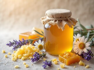 Flatlay of Honey Jar with Beeswax and Dried Flowers: Flatlay composition with a jar of raw honey, pieces of beeswax, dried chamomile and lavender flowers, styled with natural textures and soft shadows
