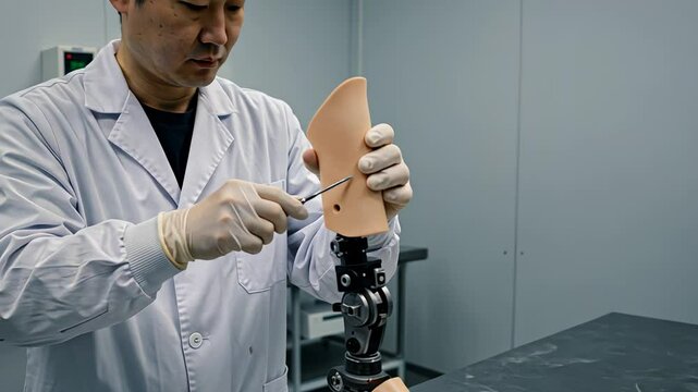 Man prosthetist working with an artificial leg. Engineer making a prosthetic technology for an amputated patient. Medicine, science rehabilitation concept.