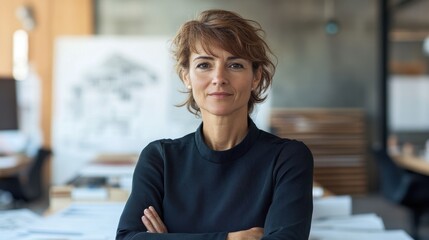 A confident middle-aged female architect stands in a modern office, showcasing her expertise and creativity. The atmosphere reflects a professional design environment.