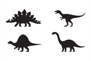 Set of bold black dinosaur silhouettes including T-Rex, Stegosaurus, and sauropods in diverse poses, ideal for education, paleo exhibits, or prehistoric-themed designs
