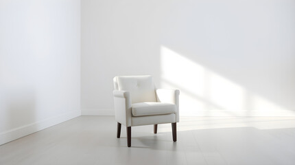 Comfortable white armchair illuminated by sunlight in minimalist interior design
