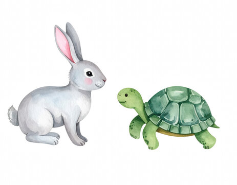 Charming encounter of a rabbit and a turtle engaged in a friendly race depicting themes of patience and speed in a whimsical setting isolate on transparent background