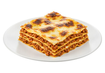 A plate of lasagna on a white background isolated on white or transparent background. PNG