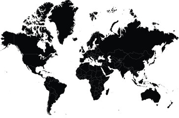 black silhouette world map highlighting india with political borders on white background

