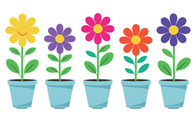 Fototapeta premium Cute Colorful Flowers In Blue Pots Vector Illustration Flat Design
