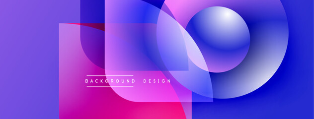 Abstract vibrant design features overlapping circles, squares. Gradient colors blend pink, purple, blue creating modern aesthetic. Text reads background design.
