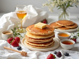 Flatlay of Pancakes with Honey and Syrup Options: Flatlay of stacked pancakes surrounded by small bowls of honey, maple syrup, and fruit syrup on a white linen background for a sweet brunch scene.