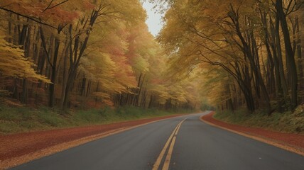A symmetrical view of a road cutting through a dense autumn forest, leaves forming colorful mounds on both sides and overhead branches arching gently.